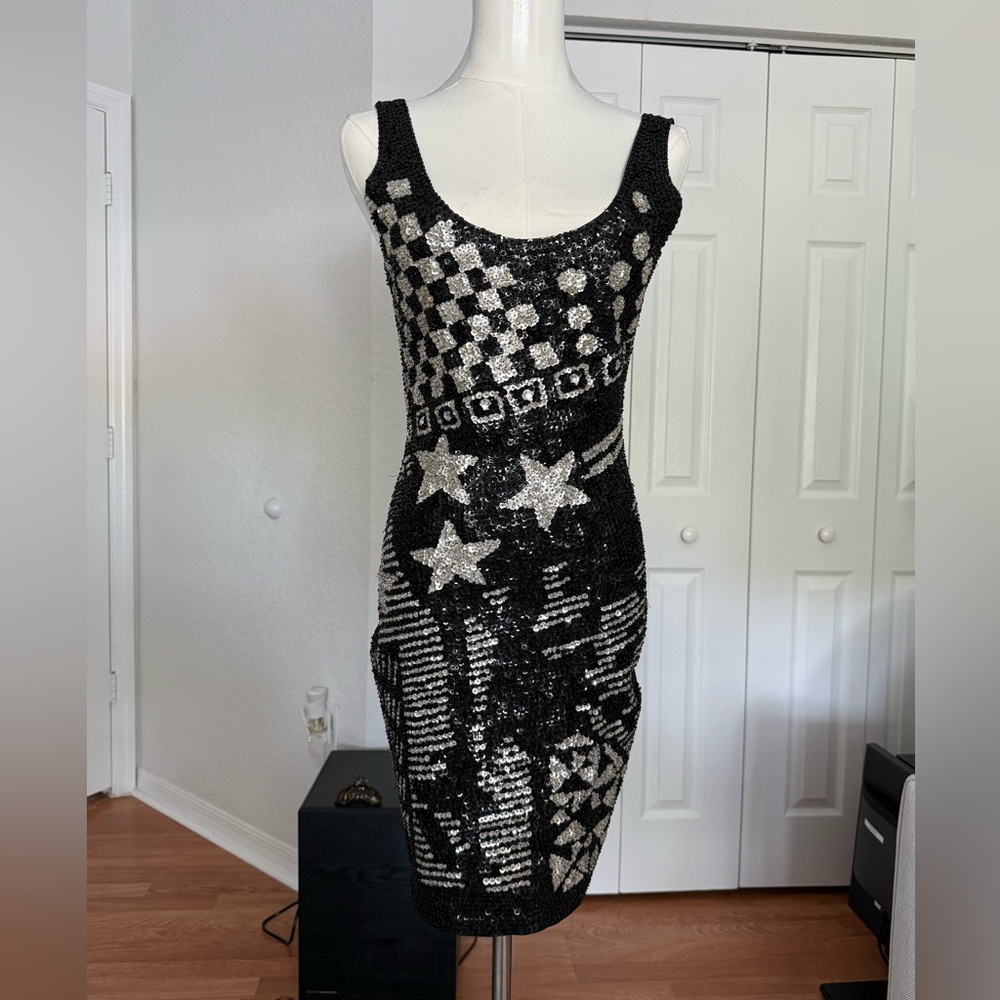 Sequined black above knee dress. Gorgeous. Perfect for Holidays